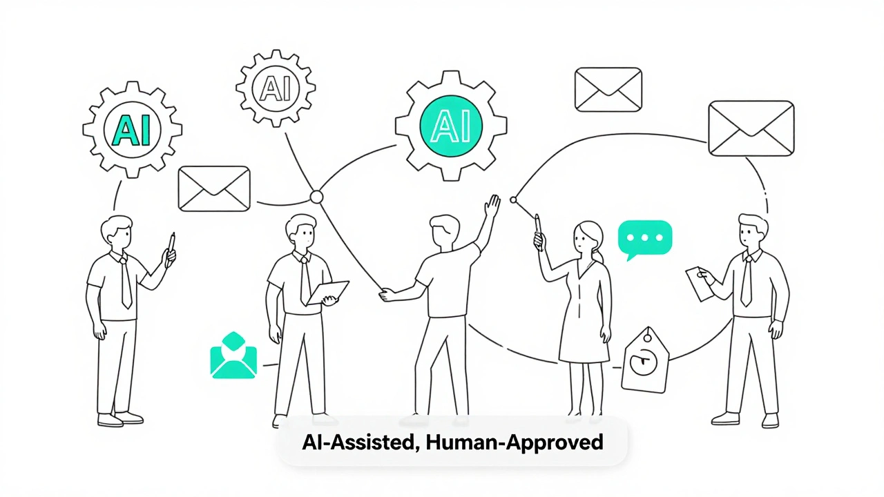 Monoline network of humans and AI icons connected in a loop feeding content to social, email, and product tags.