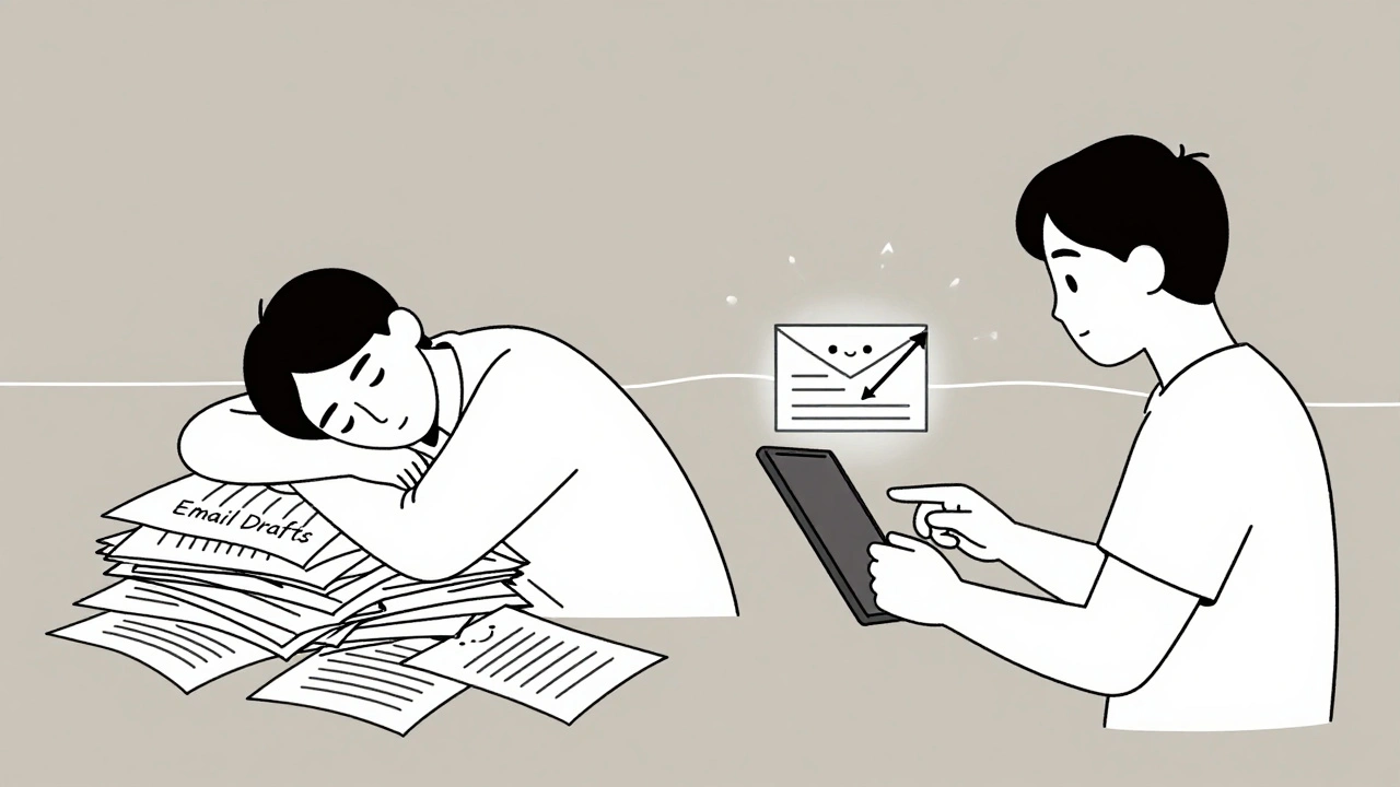 Split scene showing tired human writer vs. calm human reviewing AI-generated emails with positive indicators.