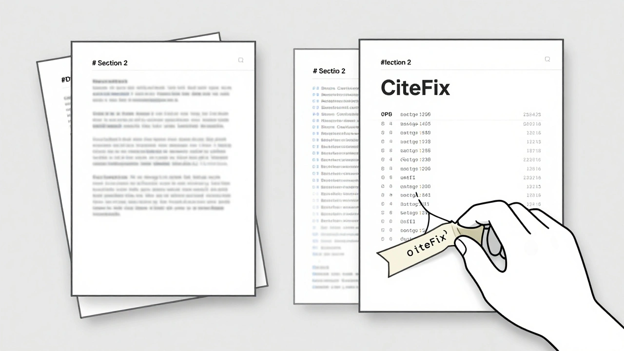 A clean, organized document side contrasts with messy, broken citations on a desk.