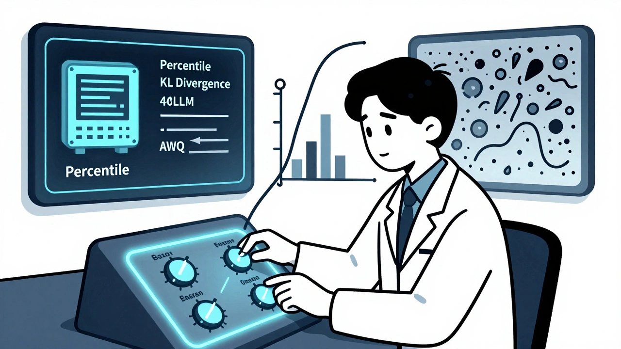 A scientist adjusting calibration tools while a model outputs correct and wrong answers.