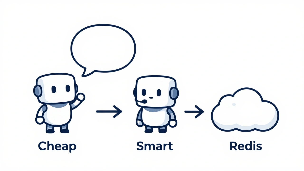 Chatbot question splitting into three paths: fast, smart, and cached responses with agreement checkmark.