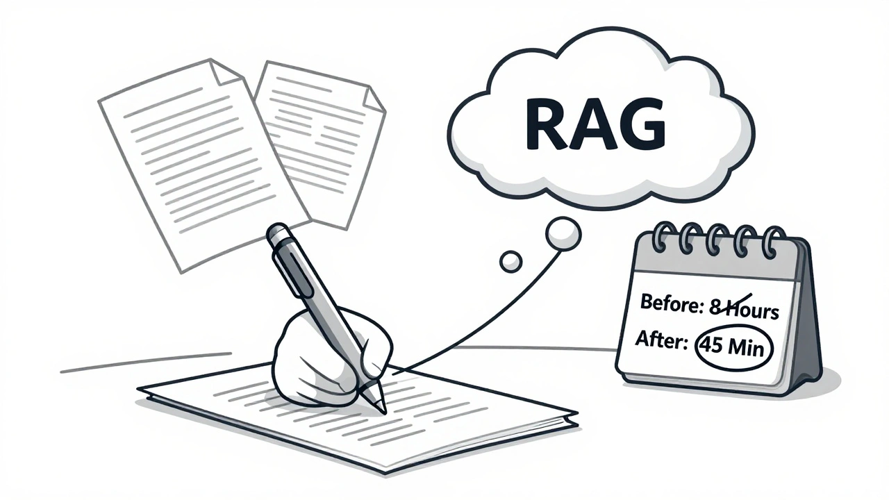 Fine-tuned model connected to RAG cloud pulling updated regulations, with time saved shown on calendar.