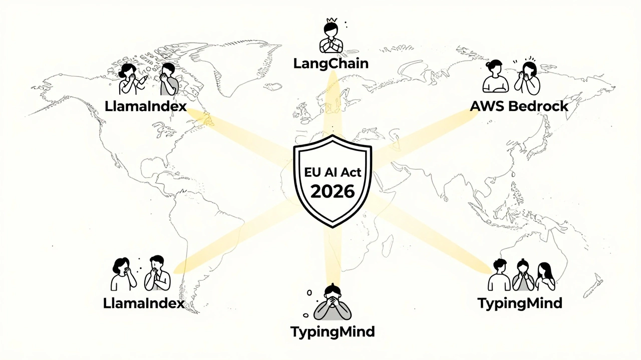 RAG frameworks sending citation beams to a shield labeled EU AI Act 2026.