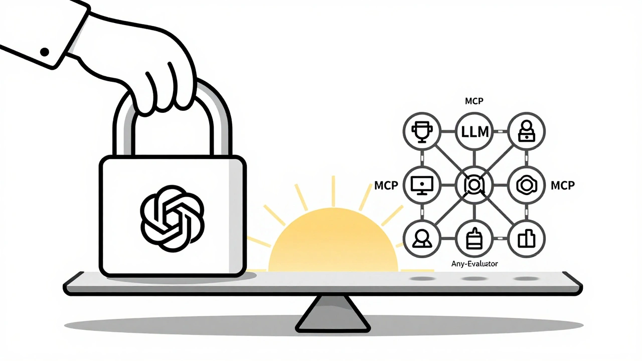 Scale balancing locked-in AI provider versus modular, interchangeable LLMs with interoperability labels.