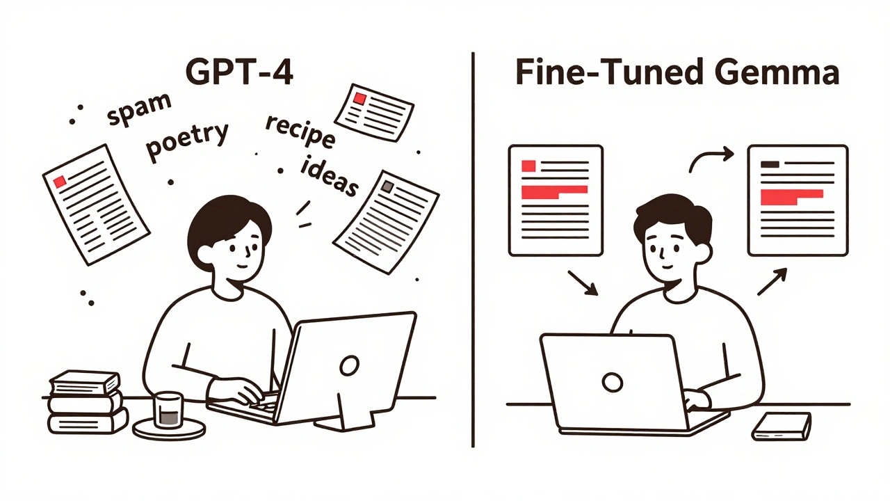 Split scene: chaotic generic AI vs. precise fine-tuned model handling medical and financial documents.