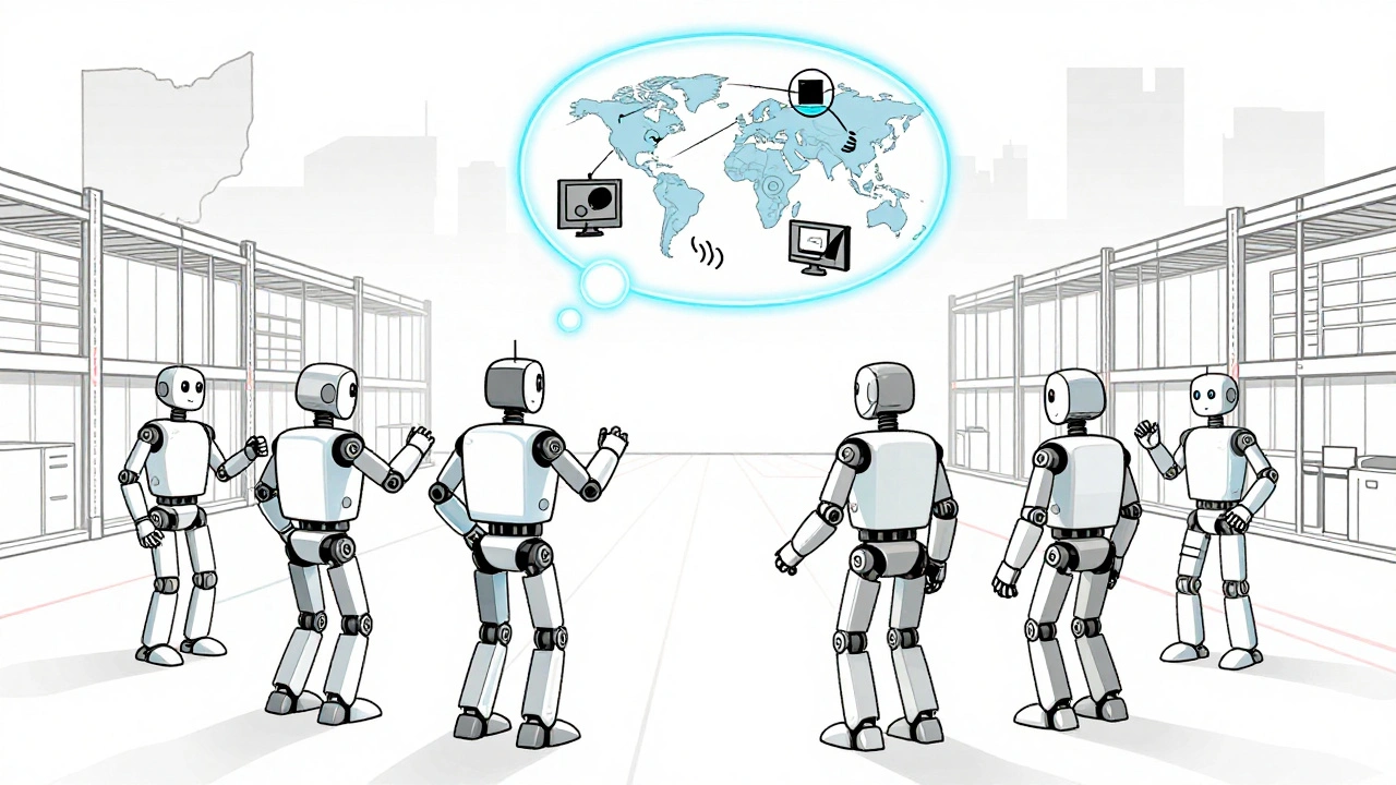 Warehouse robots learning from human workers through observation, with a floating world model diagram showing sensory input pathways.