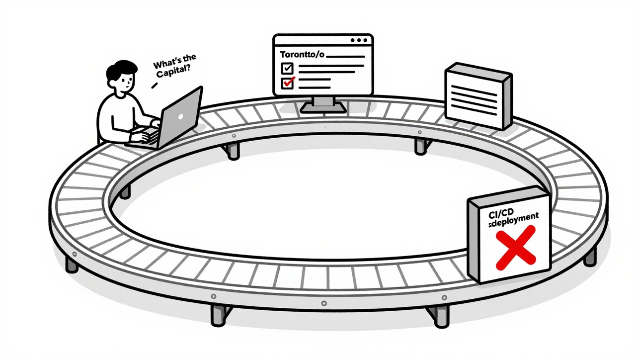 A circular conveyor belt illustrating how a production error is turned into a synthetic test and blocks faulty deployments.