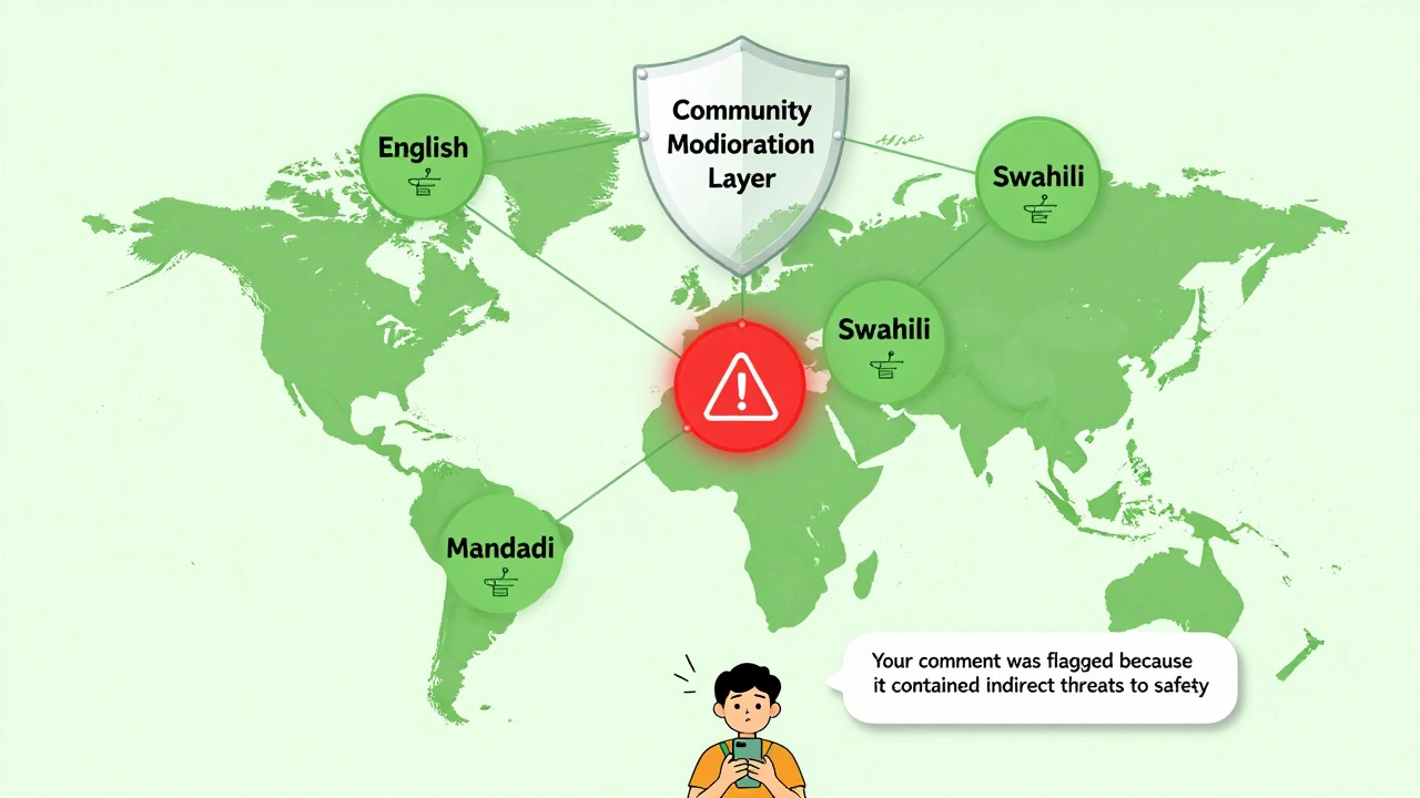 A global network of language nodes connected by a shared moderation shield, with one flagged input and a transparent safety message.
