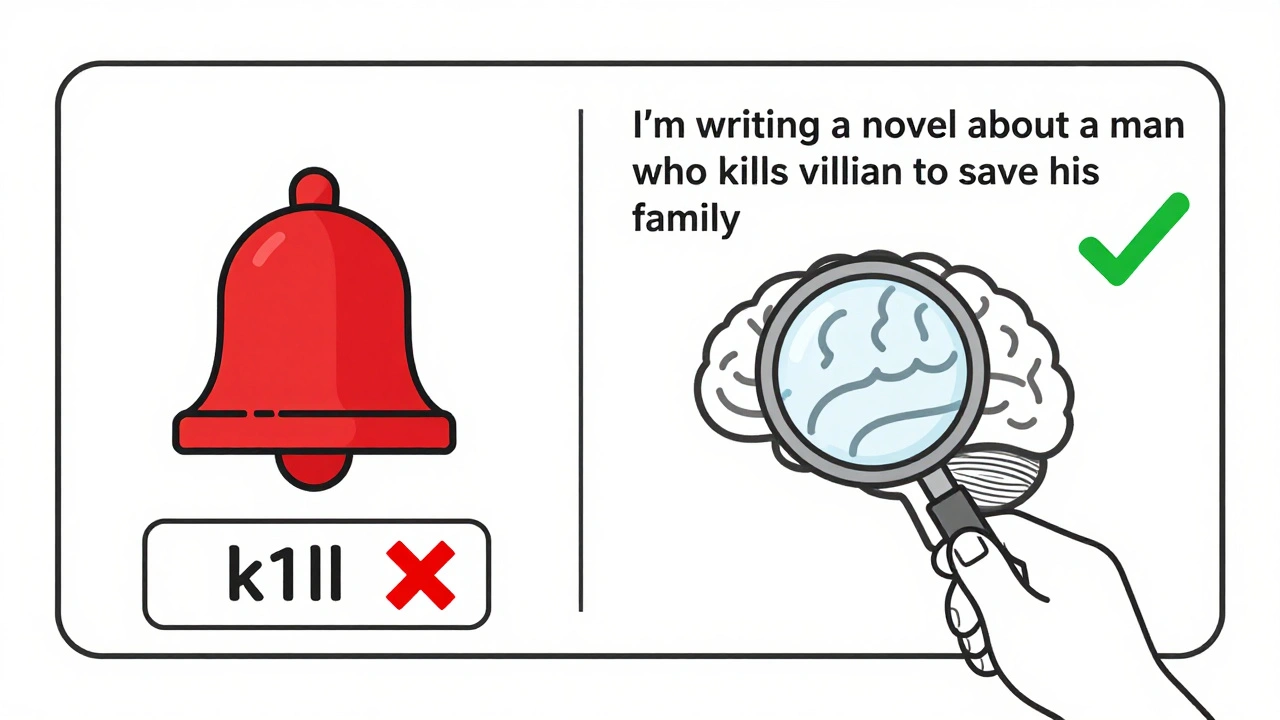 A split-screen comparison: a blocked obfuscated word on the left, a safe contextual phrase approved on the right with human oversight.