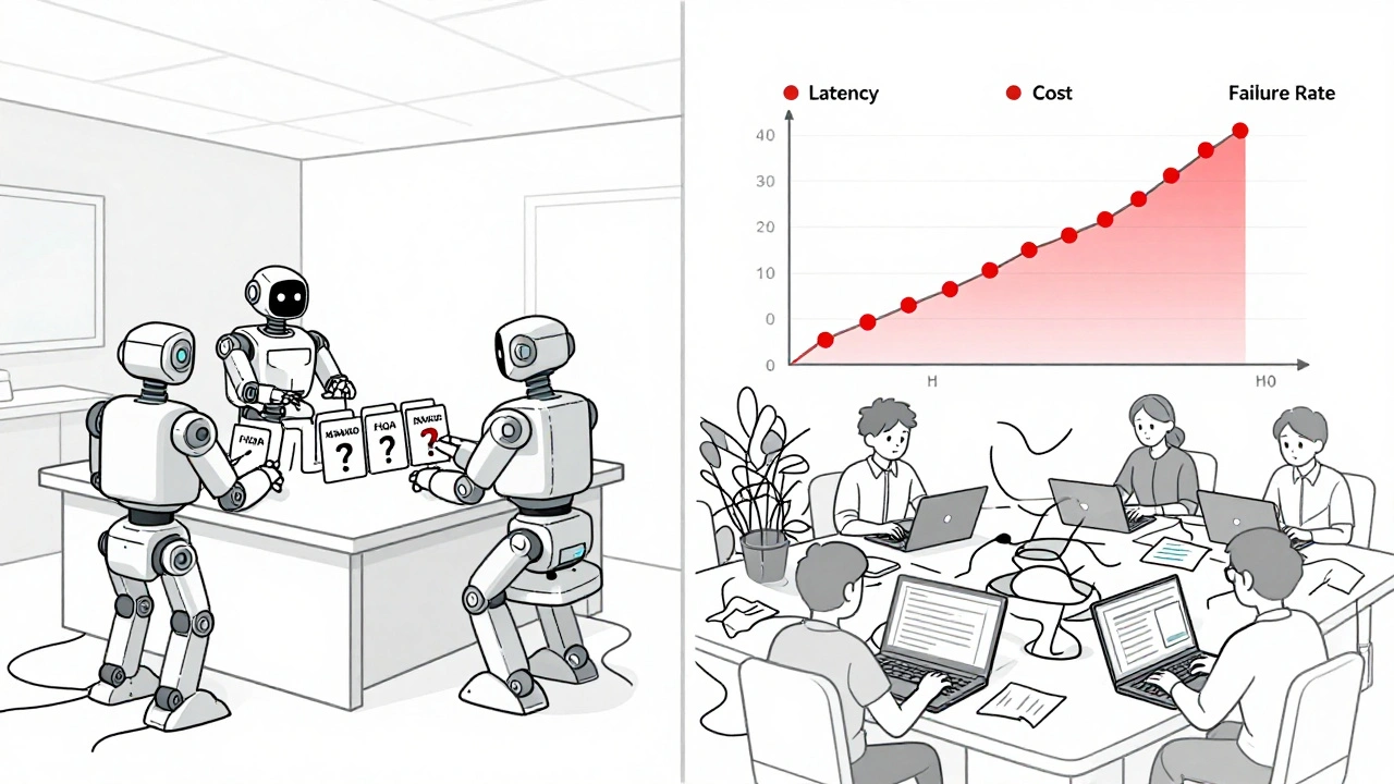 A split-screen monoline drawing: lab robots generating test queries vs real users with chaotic metrics spiking above them.