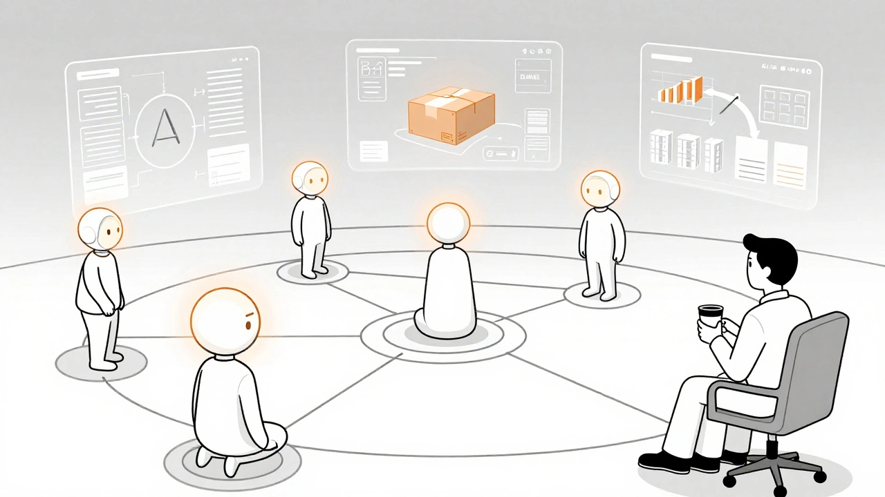 AI agents collaborate in a control room, resolving workflow errors while a human supervisor watches calmly.