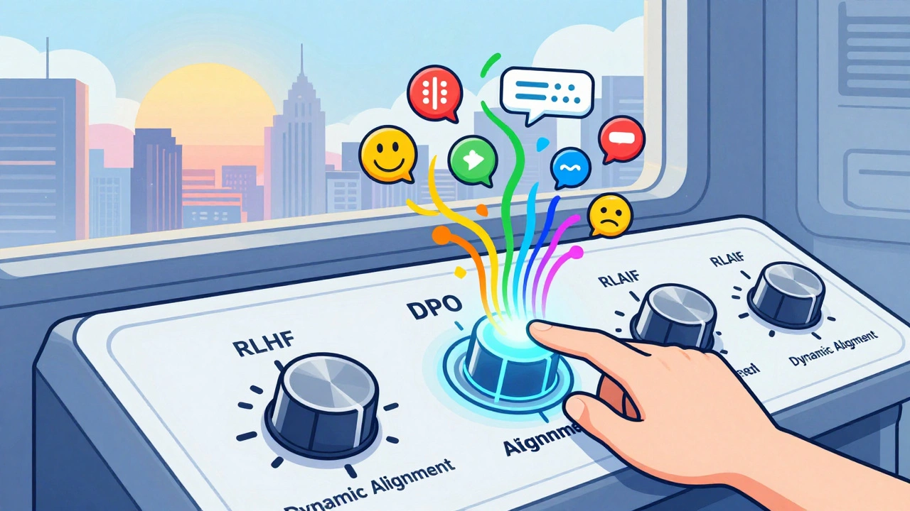Control panel with AI alignment methods, a finger turning the dynamic alignment dial as user interactions flow in.