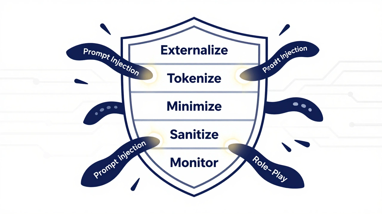 Protected prompt template repelling attack tentacles with five security steps