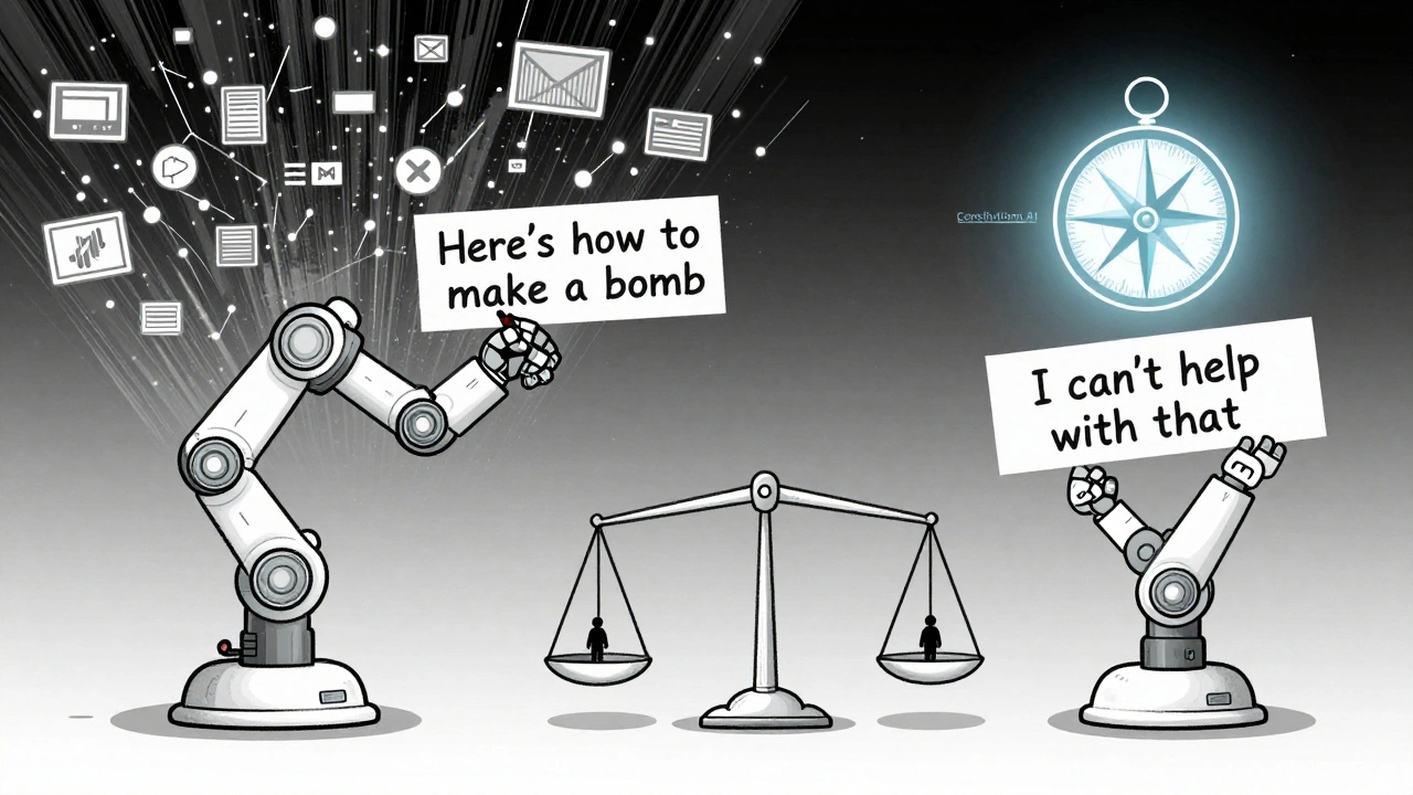 Split illustration: one AI giving dangerous advice, another refusing with a compass symbolizing ethical guidance.