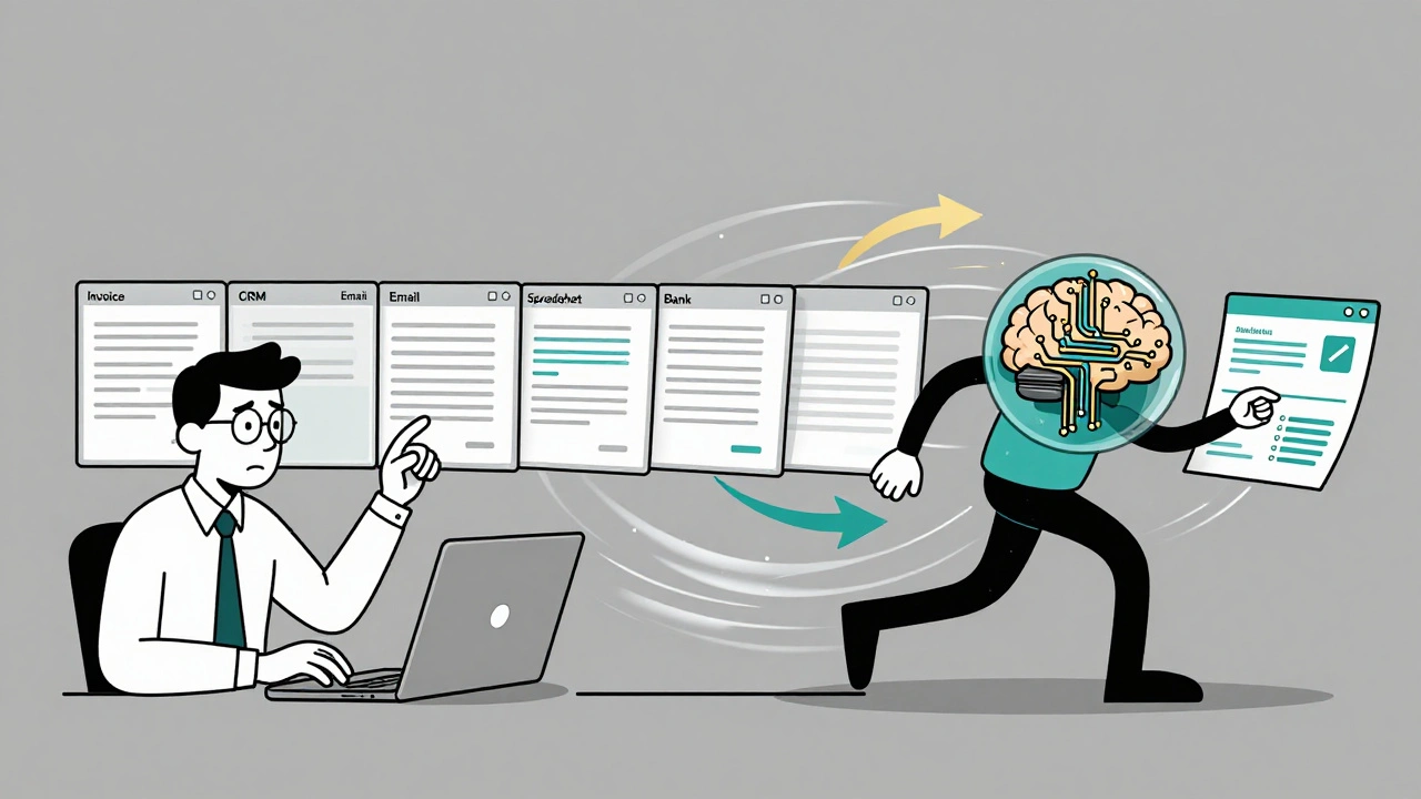 Split scene: tired worker manually juggling tasks vs. AI agent completing them fluidly in one smooth line.