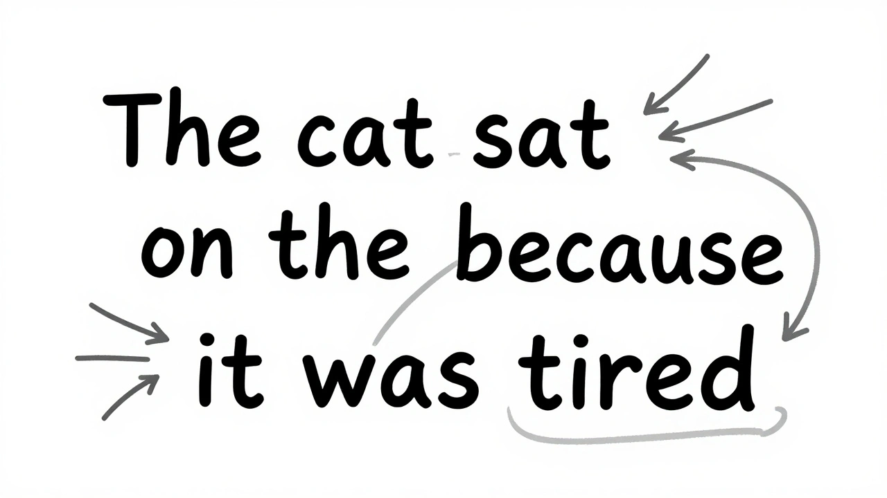 A sentence with words connected by varying-thickness lines illustrating attention weights between 'it' and 'cat'.
