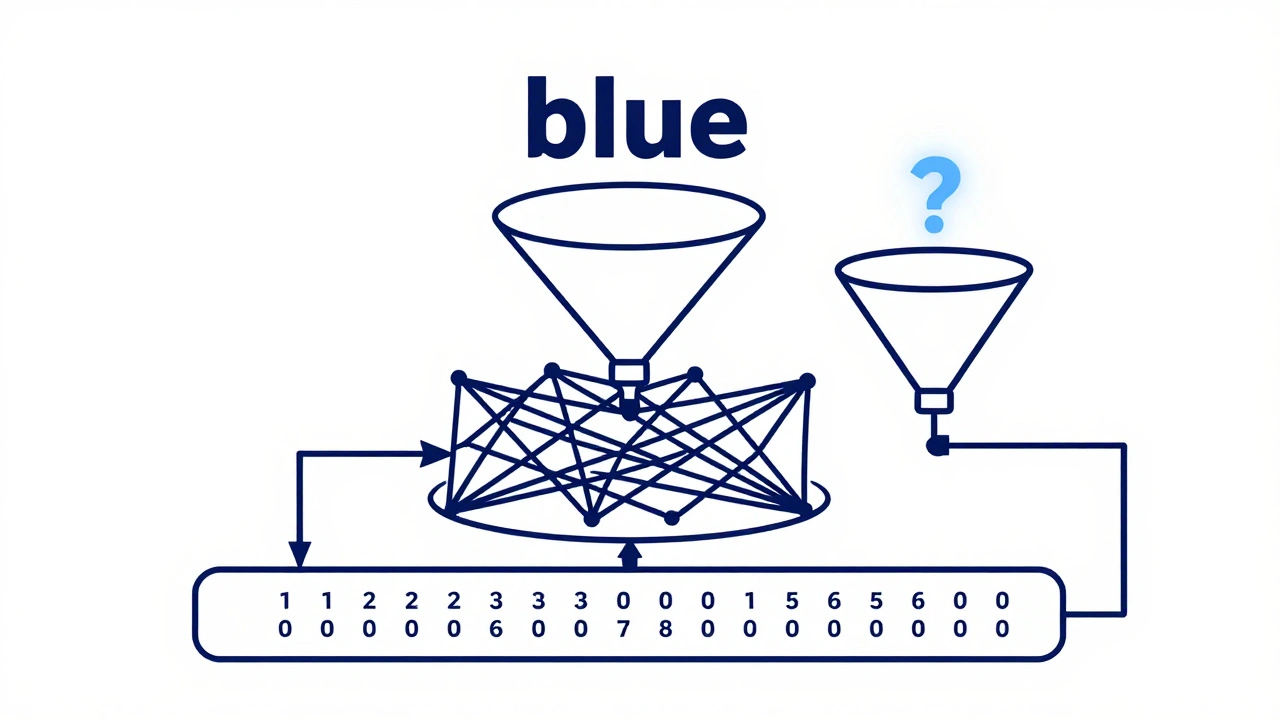 A three-layer pipeline illustrating embeddings, attention, and feedforward networks processing the word 'blue'.