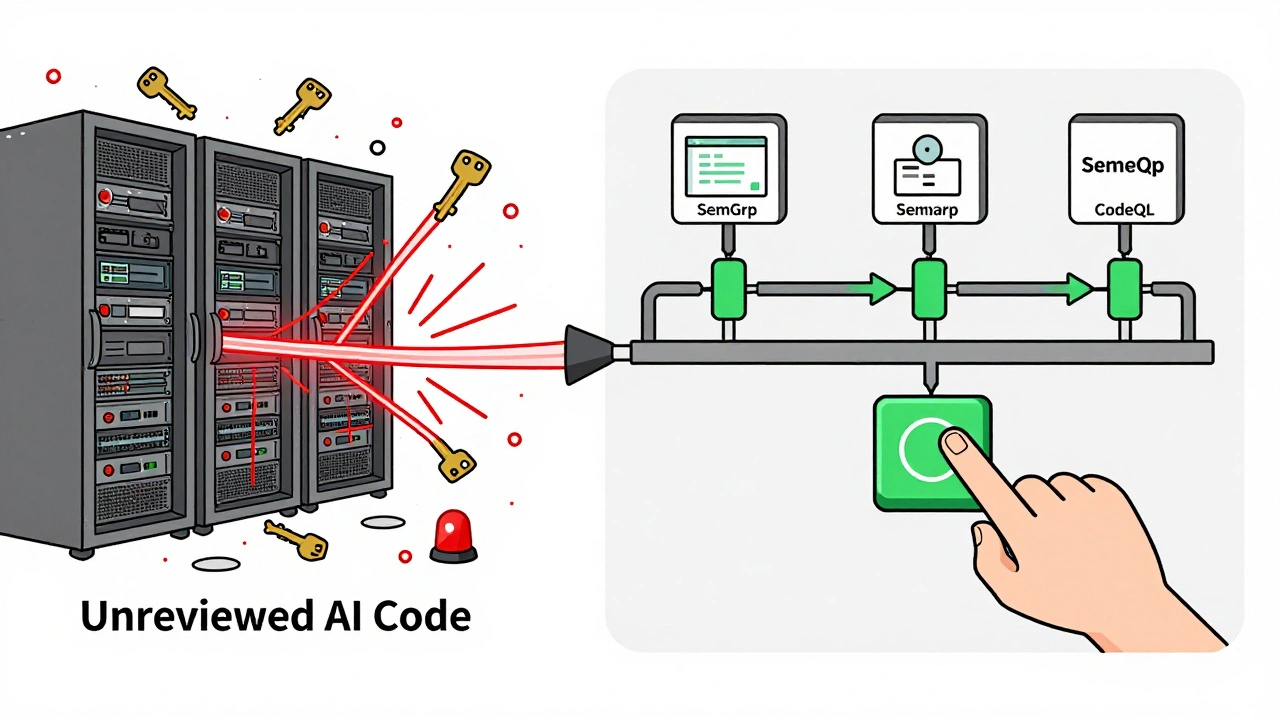 Chaotic unreviewed AI code vs. secure CI/CD pipeline with automated scanners, human hand deploying safely.