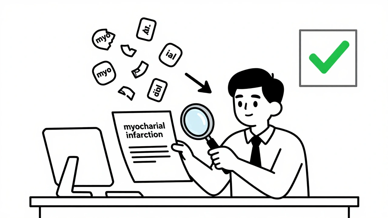 Developer using magnifying glass on text, seeing intact vs. broken tokens, with cost-reduction chart in corner.