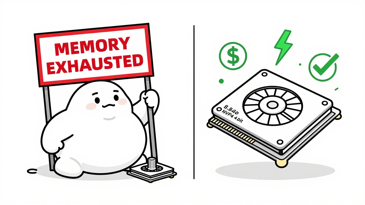 Monoline illustration comparing a bloated KV cache crushing a GPU versus a compressed cache enabling efficient inference.