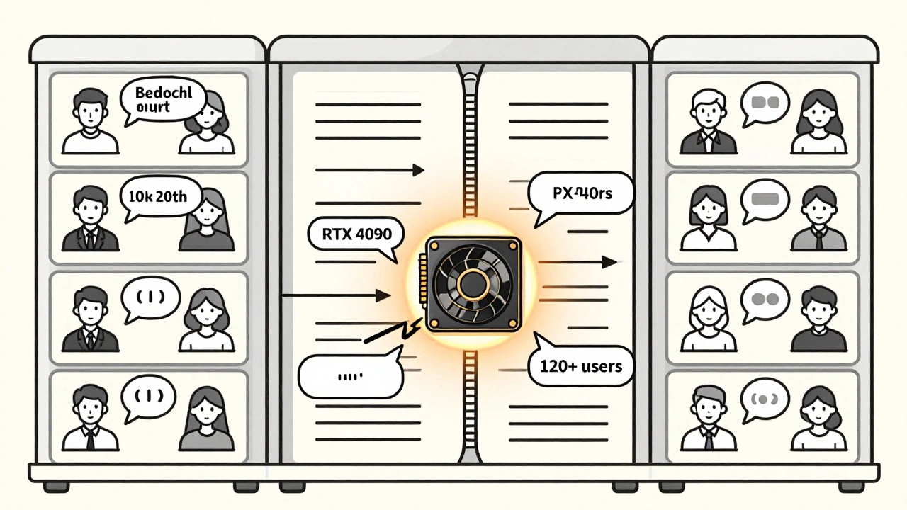 Monoline illustration of multiple users feeding requests into a dynamic batch queue, with a single GPU serving over 120 concurrent requests.