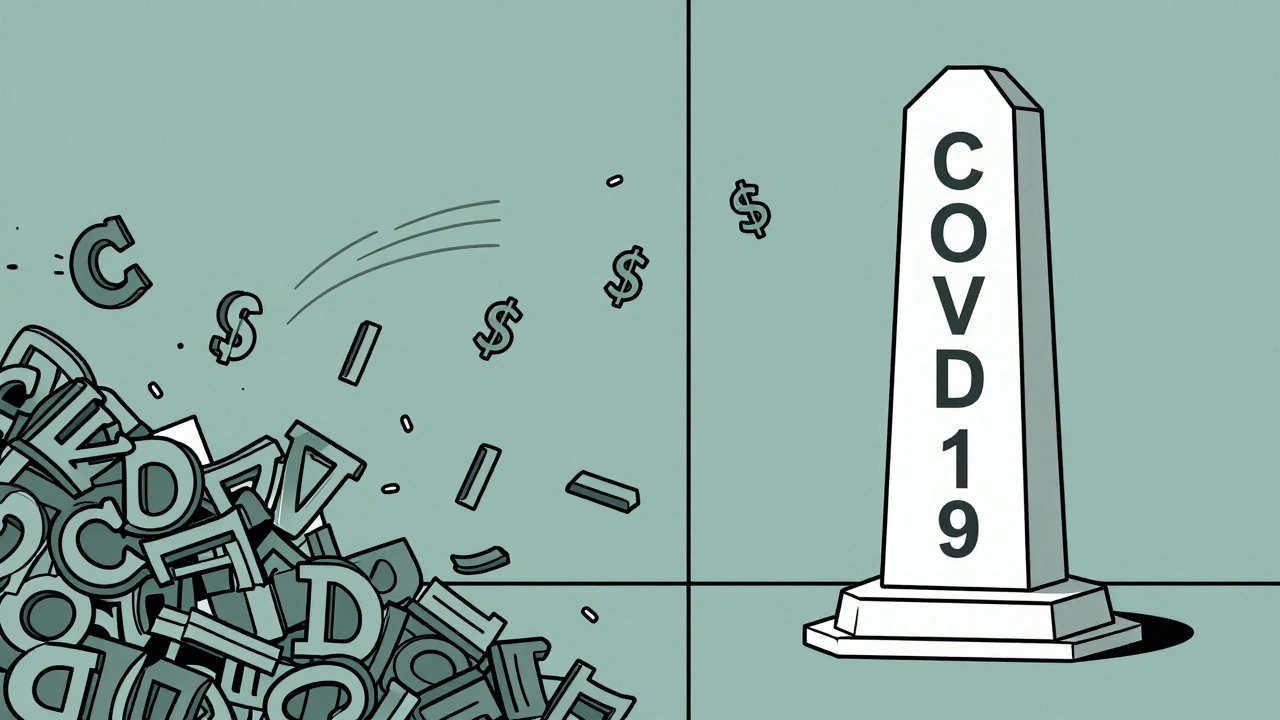 Split-screen: chaotic letter fragments vs. a single solid token labeled 'COVID-19' with dollar signs falling away.