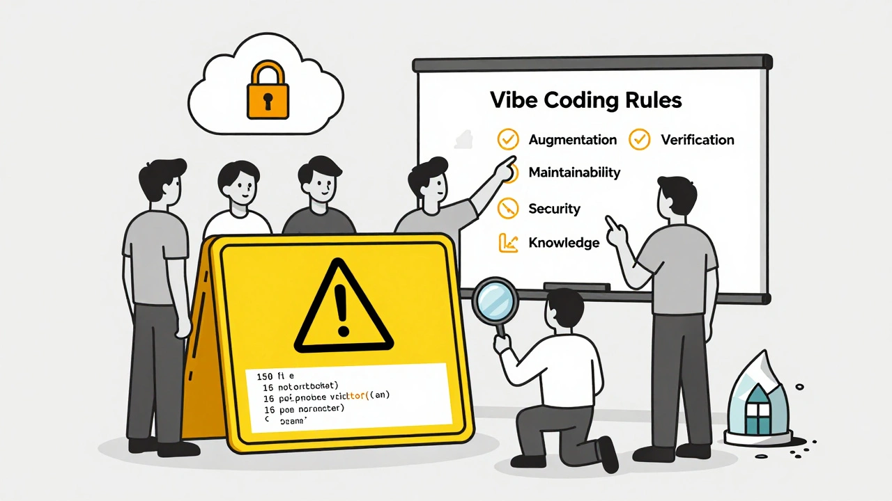 Team reviewing Vibe Coding principles on whiteboard, caution sign over 150-line code block, secure environment variables protected.