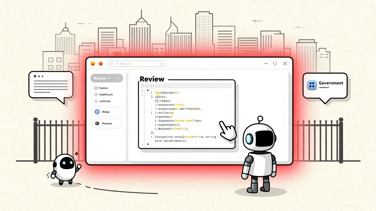 Developer reviewing AI code within a secured red zone, with restricted industries in the background.