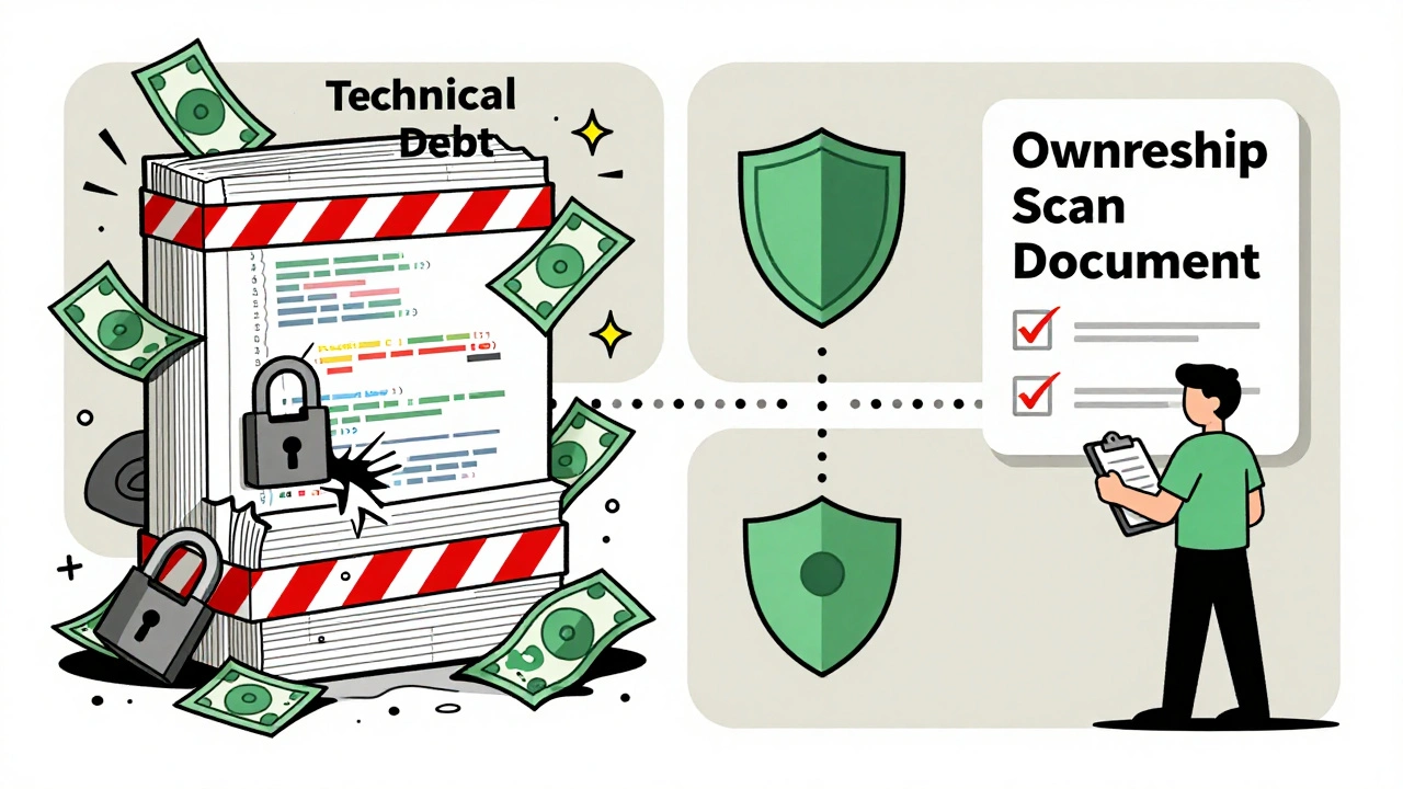 Split illustration contrasting chaotic technical debt with organized governance practices.