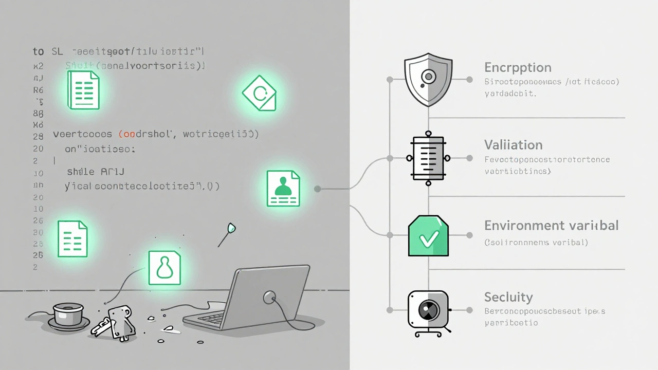 Split-screen comparison: chaotic insecure code vs clean, layered secure code with labeled protections.