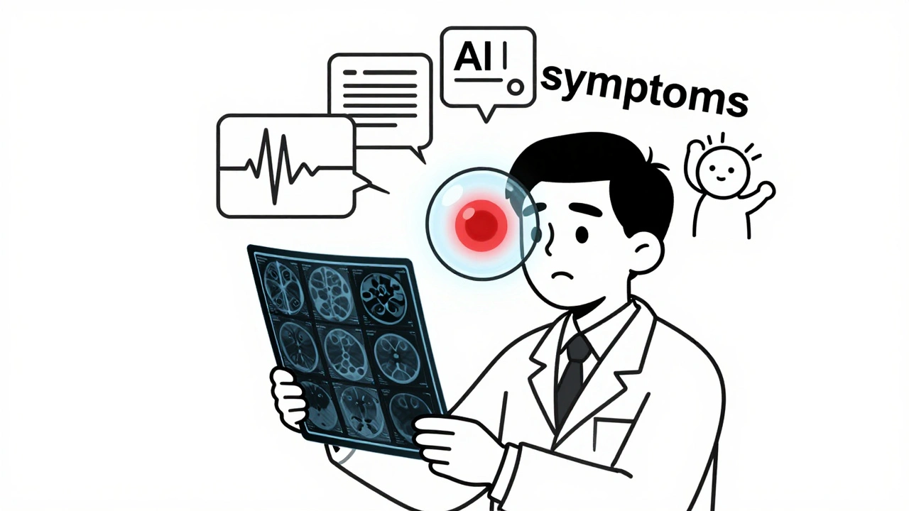 A doctor using multimodal AI to analyze an X-ray with voice and lab data, while a text-only AI fails nearby.
