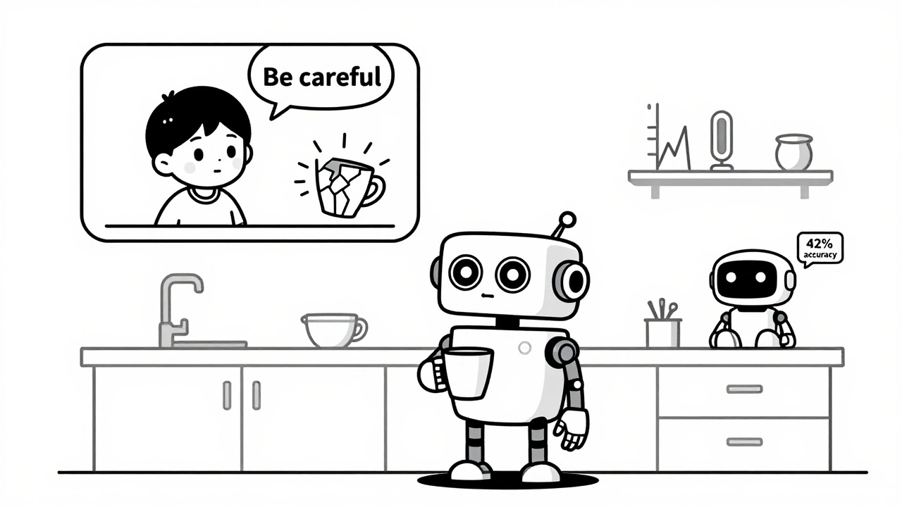 A sensory robot understanding a cup's condition through sight, sound, and touch, while a text-only bot gathers dust.