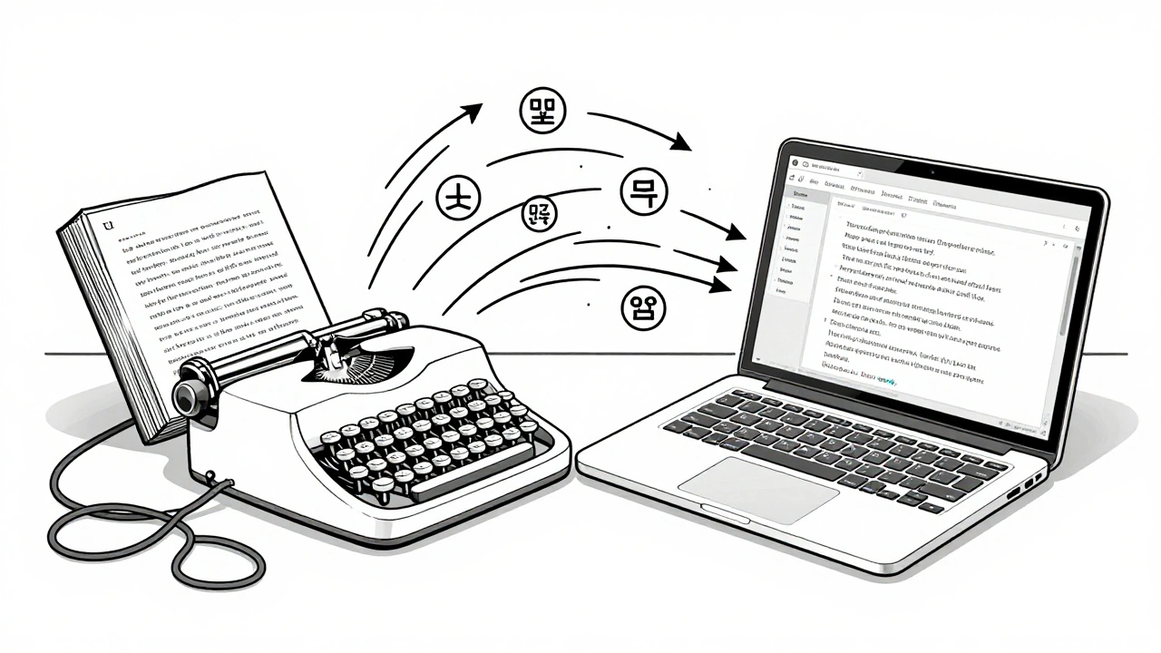 Split desk comparing old translation methods with modern LLM-powered tools.