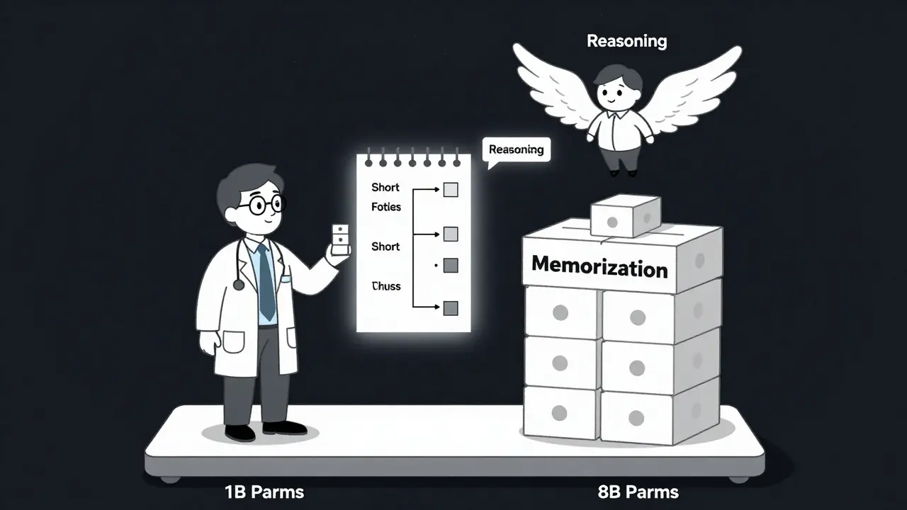 A small efficient model floats above a heavy, memorization-burdened giant model, with a scratchpad guiding reasoning across text lengths.