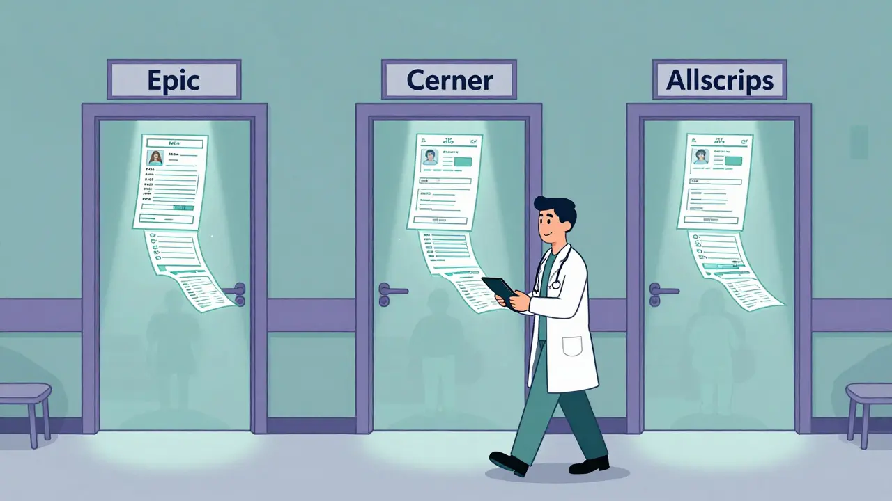 AI-generated clinical summaries flowing from EHR systems into a doctor’s hands in a hospital hallway.