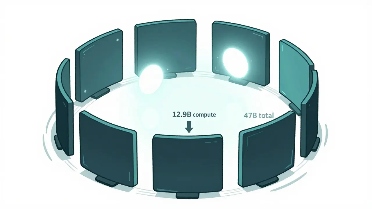 An MoE model with only two experts active out of eight, showing efficient computation.