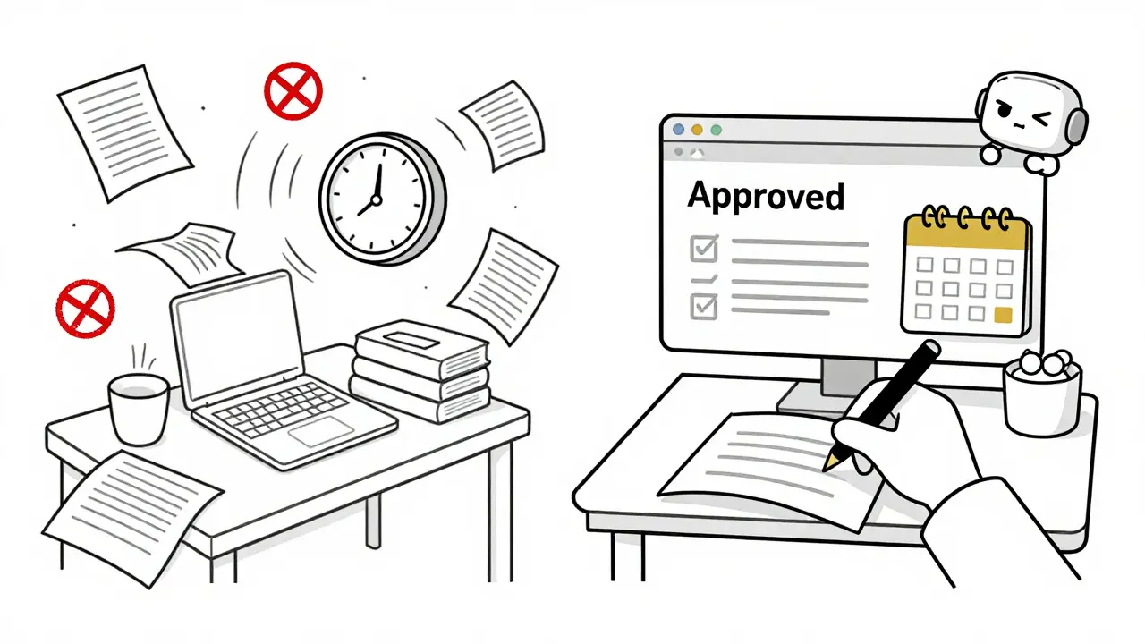 Before and after: chaotic paperwork vs. organized desk with AI-approved documents.