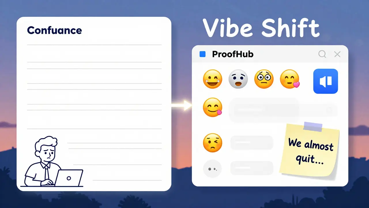 Contrasting sterile corporate wiki vs vibrant vibe-coded page with emoji tags and handwritten notes.