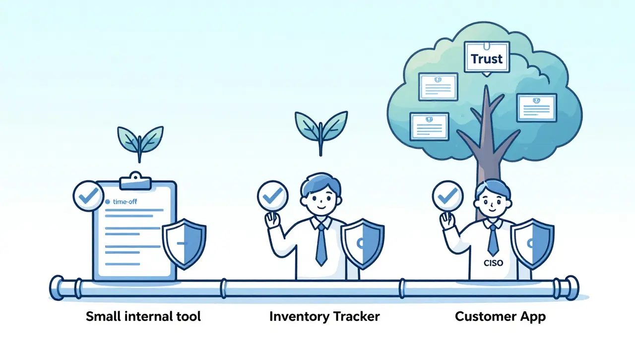 Enterprise adoption pipeline with three stages guarded by roles, growing into a trust tree with compliance leaves.