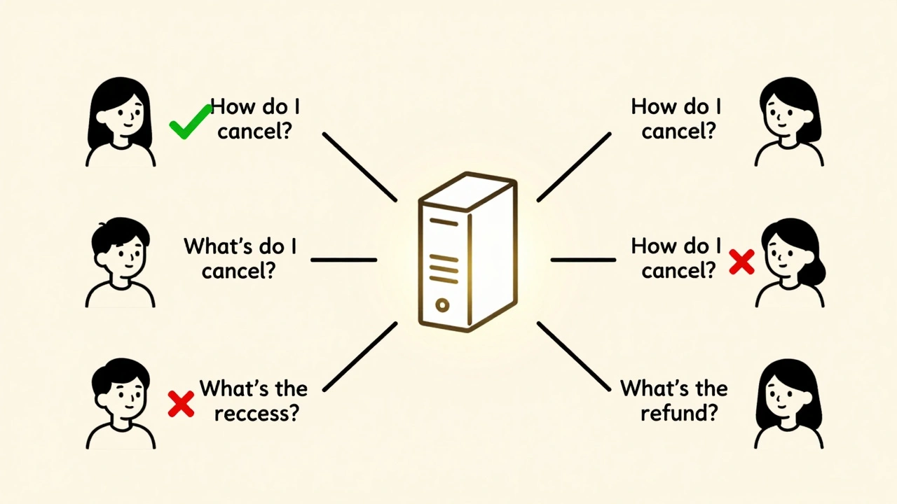 Redis hub connecting users with repeated questions, showing cached vs uncached responses.