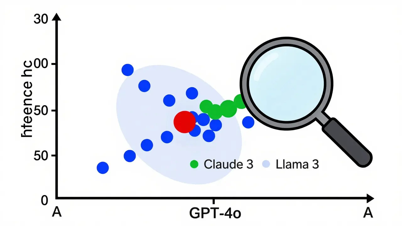 Scatter plot showing LLMs with speed vs accuracy, and a shaded uncertainty zone around one model.