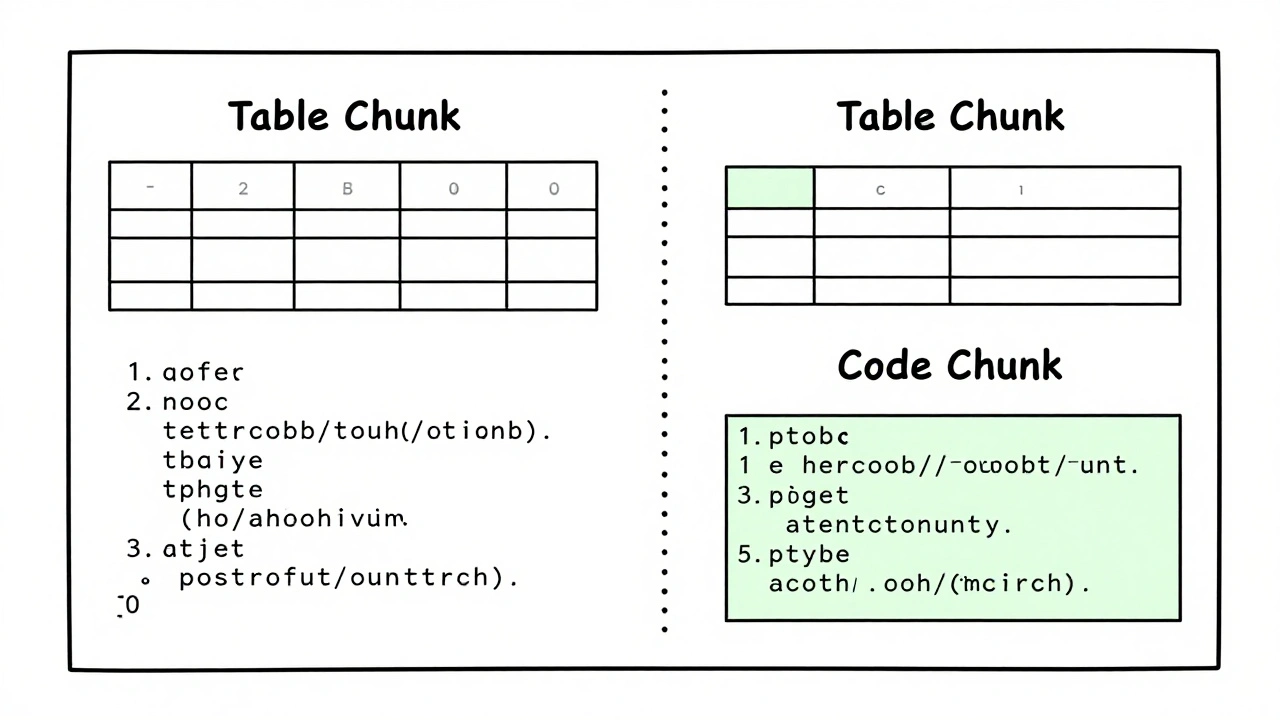 Split document with tables and code isolated into separate labeled chunks using clean dividers.