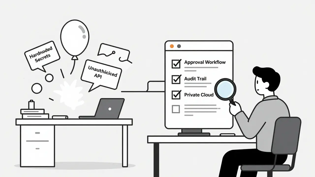 Split scene: chaotic unguarded AI code vs. organized governed code with audit and security controls.