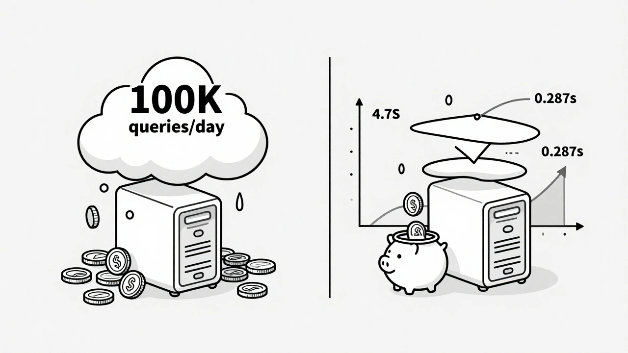 Split scene: wasteful AI server vs optimized one with cache reducing response time.