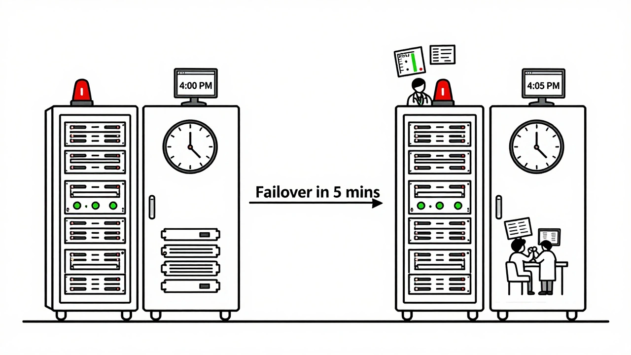 Split-screen server comparison showing failover from 4:00 PM to 4:05 PM with RTO/RPO metrics