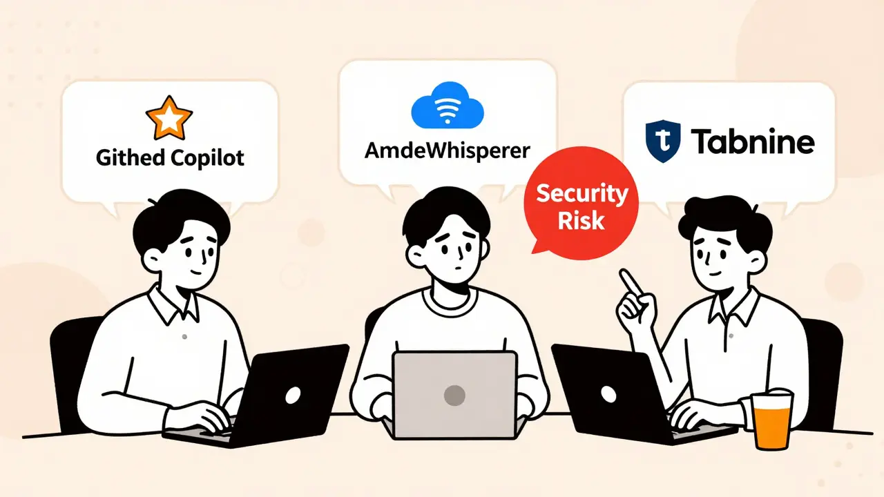 Three developers reviewing AI assistants with one pointing at a security risk alert