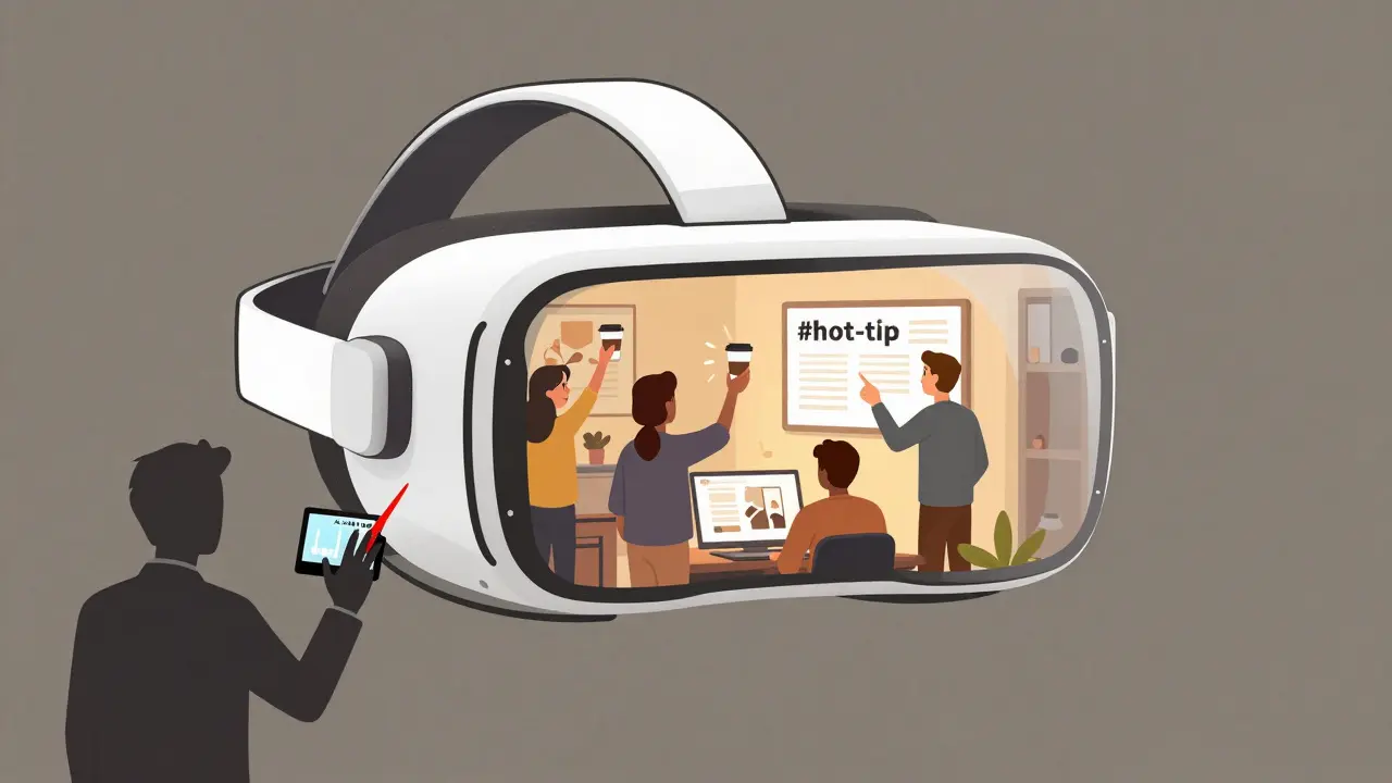 VR headset showing a team celebrating a win, with a red slash over an AI emotion scanner.