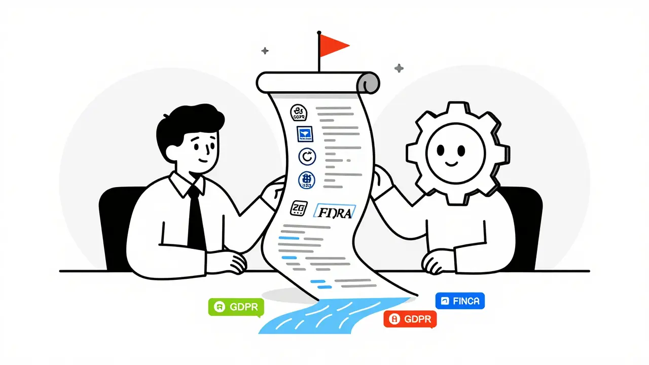 A compliance officer and AI icon reviewing code that turns into regulatory symbols, with mock data flowing below.