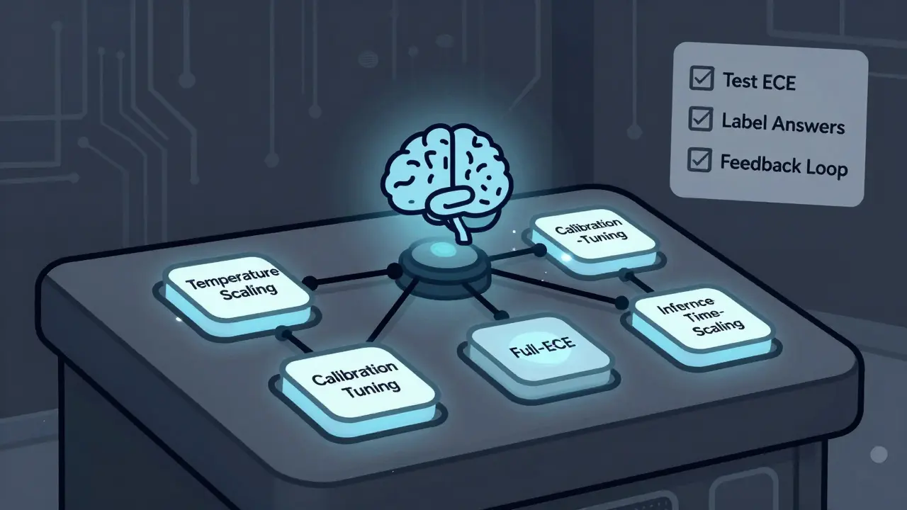 A control panel with calibration methods connected to an AI brain, featuring a checklist for trustworthy AI.