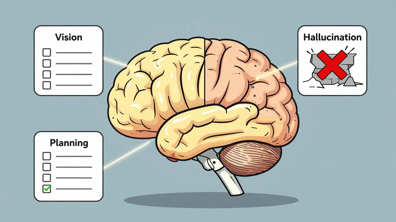 A divided brain with verified reasoning steps and a crossed-out hallucination symbol.